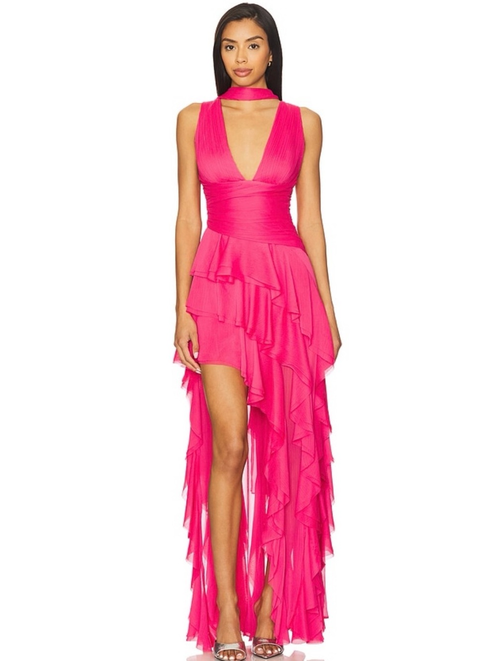 Alice + Olivia Fuchsia Ruffled High-Low V-Neck Dress